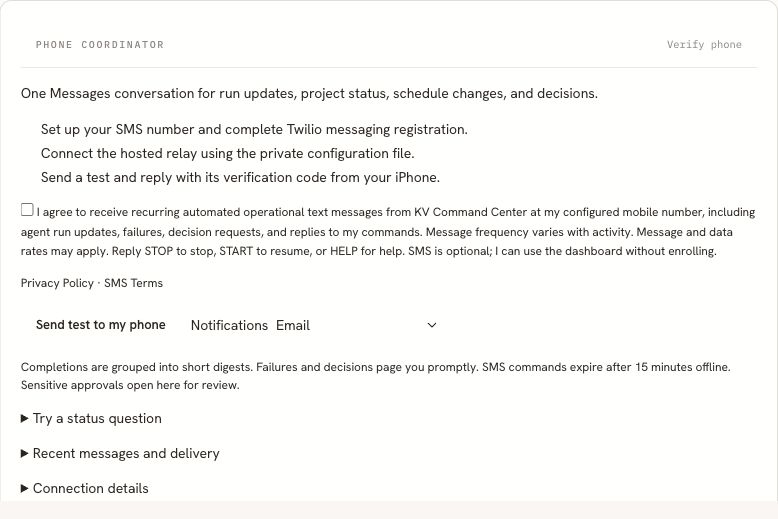 Private dashboard enrollment form with unchecked SMS consent checkbox and Privacy Policy and SMS Terms links